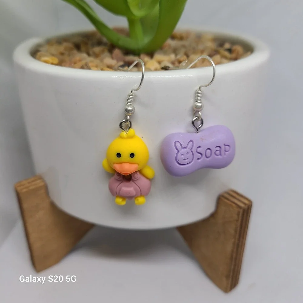 Handmade Duck Soap Earrings Quirky Funky Dangle Drop Cute Novelty NEW 1.5 inches